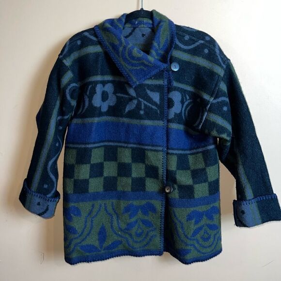 70’s Unbranded Boho Floral Checkered Wool Oversized Jacket Blanket Size Small - Picture 1 of 4